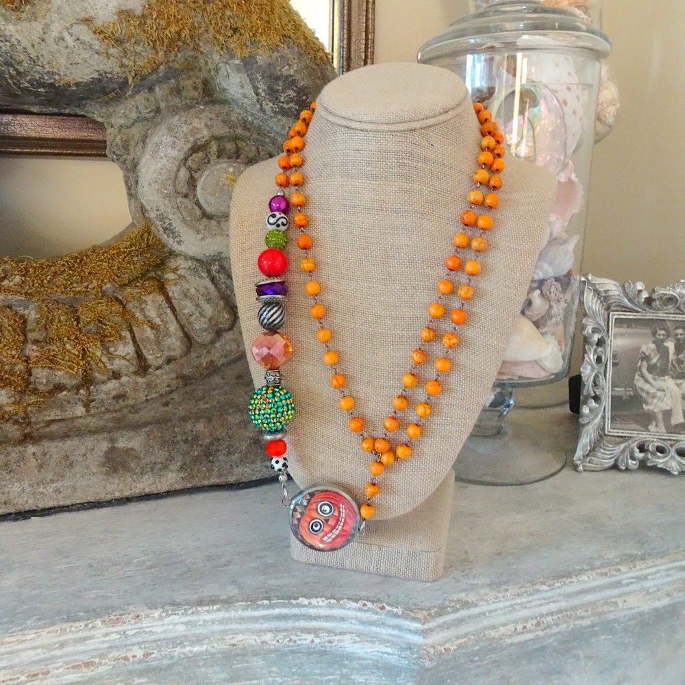 Orange Beaded Halloween Witchy Candy Corn Pumpkin Charm Long Layering Necklace